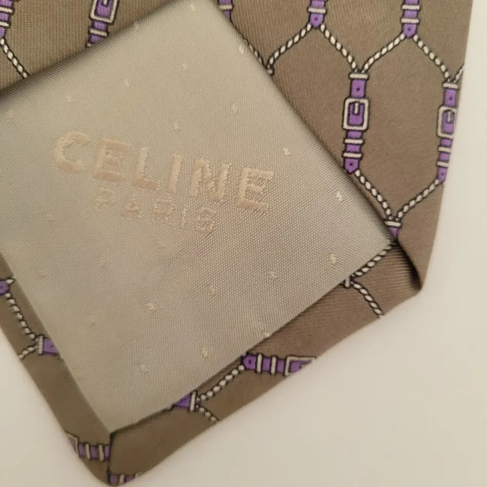 Celine Men's Neck Tie Made In Spain Designer Silk Gray Purple Geometric‎ Belts